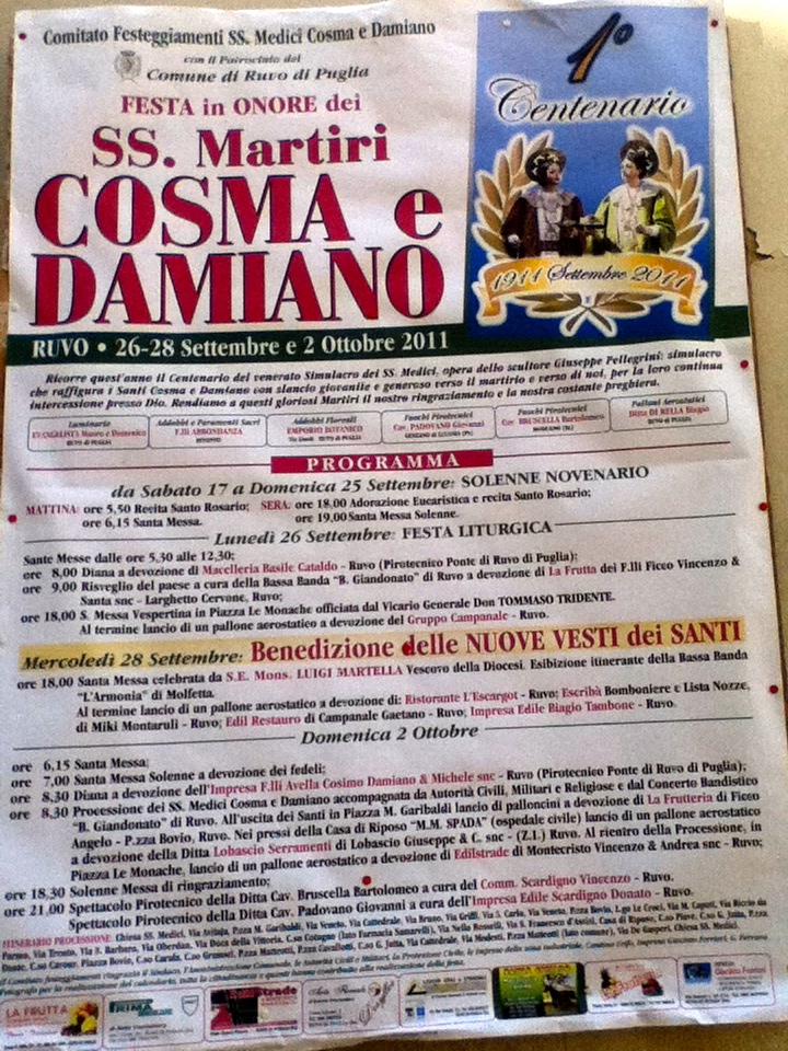 Il programma della Festa in onore dei SS. Martiri Cosma e Damiano