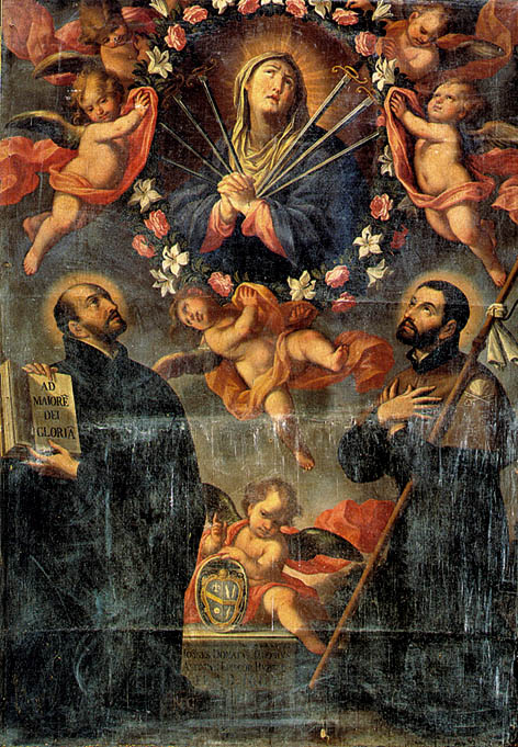 Nicola Gliri (1631-1687), Madonna dei sette dolori tra i santi Ignazio e Francesco Saverio.  (Tratta da F. Di Palo, Cielo e Terra, Terlizzi, 1999)